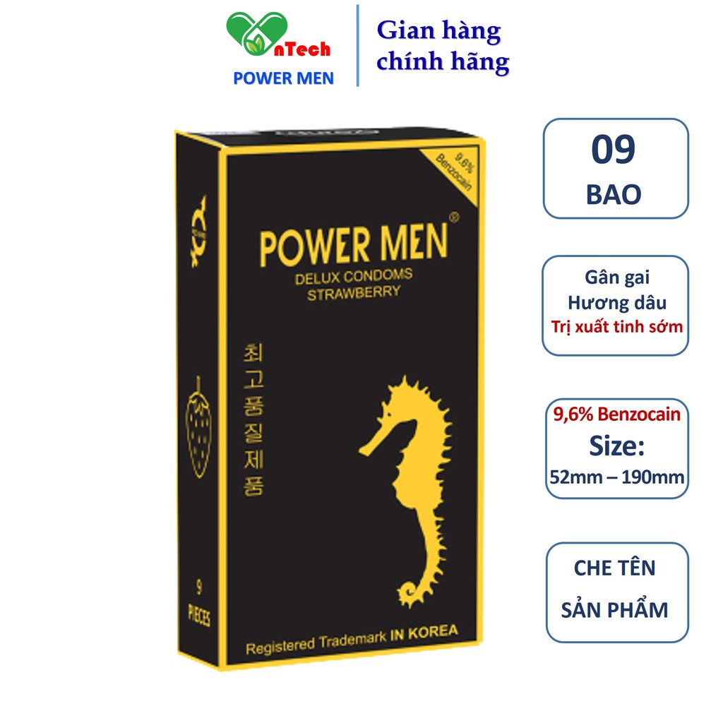 Bao cao su gân gai hương dâu POWERMEN STRAWBERRY chứa 9,6% Benzocain chống xuất tinh sớm hộp 09 chiếc