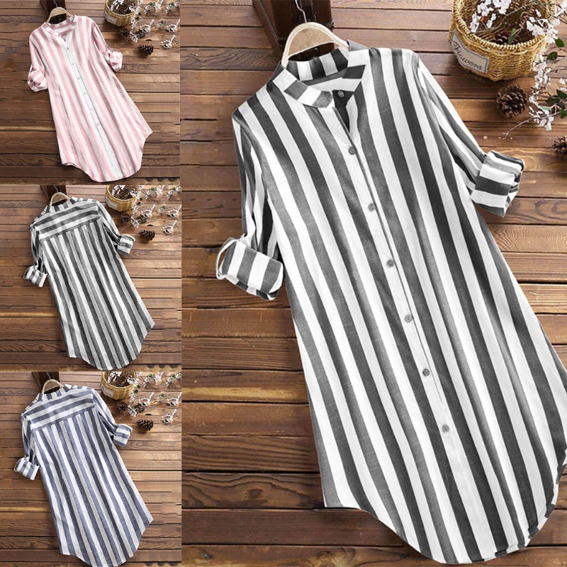 Áo Sơ Mi Nữ Tay Dài Cổ Chữ V Cài Nút Họa Tiết Kẻ Sọc
