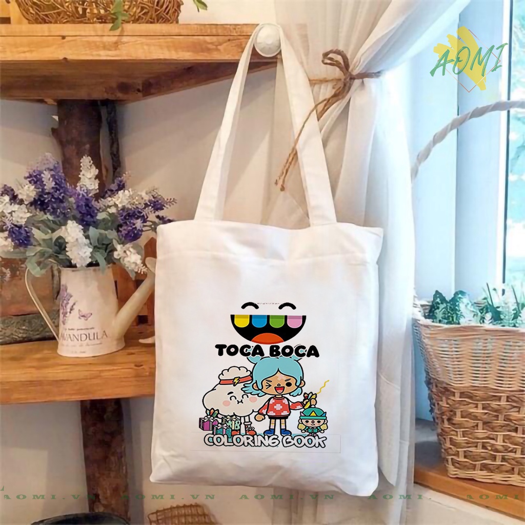 TOTE CANVAS TOCA BOCA LIFE FORM TRÒN TÚI VẢI ĐEO VAI BAG NÚT BẤM SIZE LỚN AOMIVN DU LỊCH DẠO PHỐ CÁ TÍNH