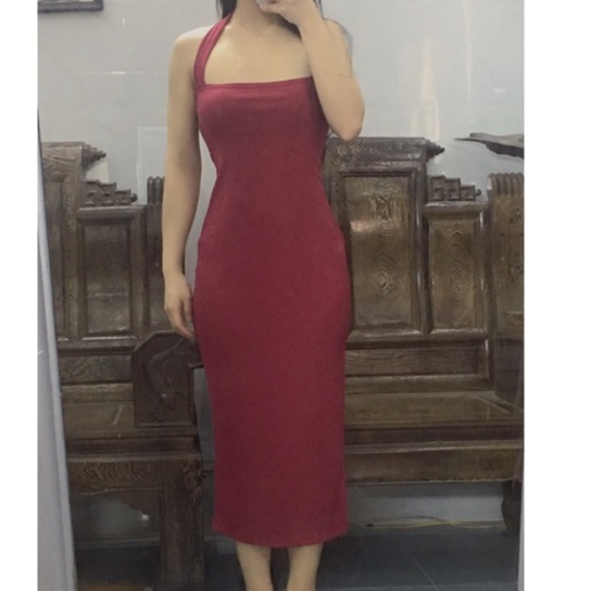 Đầm body cổ yếm dáng dài váy maxi cổ yếm xẻ tà