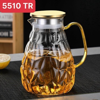 Bình nước thủy tinh chịu nhiệt 2 lít, bình đựng nước thủy tinh trong suốt quai vàng