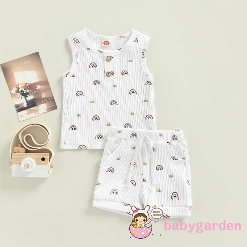 Bộ Áo Sát Nách Cổ Tròn In Hình Mặt Trời + Quần Short Thời Trang Mùa Hè Cho Bé Trai 0-24 Tháng Tuổi