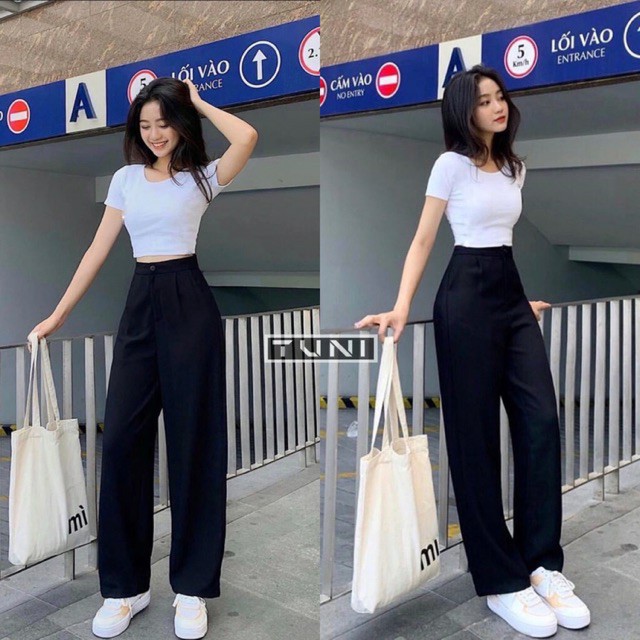 Quần ống rộng suông nữ lưng cao khóa trước 1 khuy vải tuyết mưa.