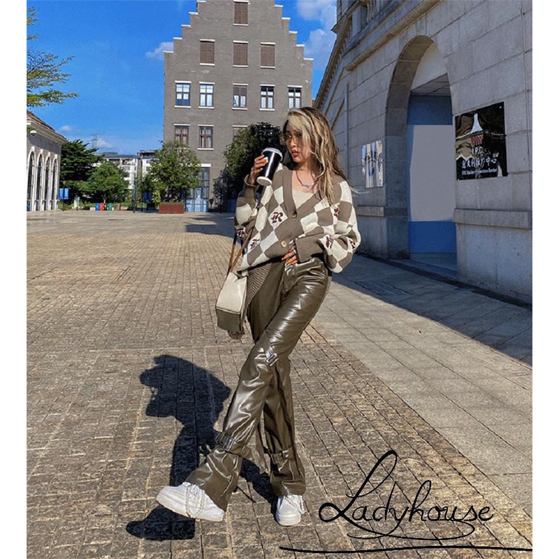 Quần Da Dài Lưng Cao Ống Đứng Màu Trơn Thời Trang Xuân Thu Cho Nữ