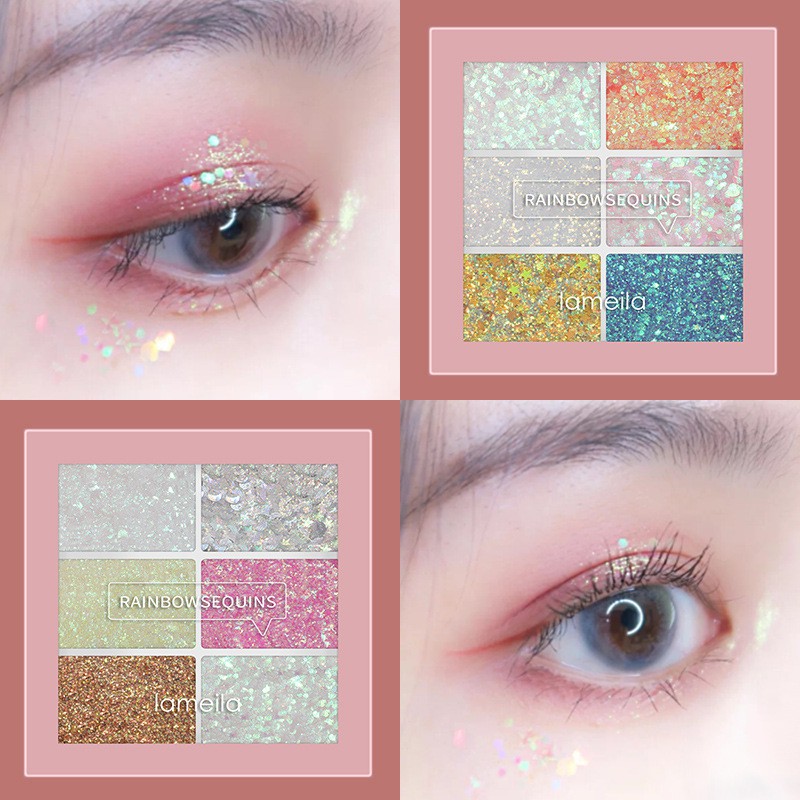 CÓ VIDEO - Phấn nhũ Mắt Lameila 6 Ô Sequin RAINBOW Lấp Lánh