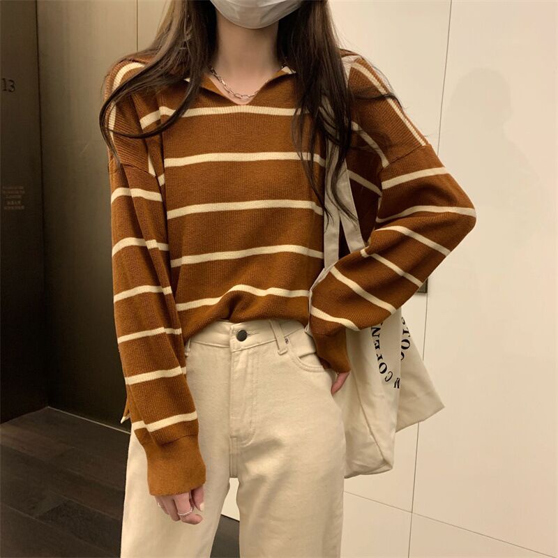 Áo len Zhelihangfei tay dài cổ thủy thủ họa tiết kẻ sọc dáng rộng dễ phối đồ