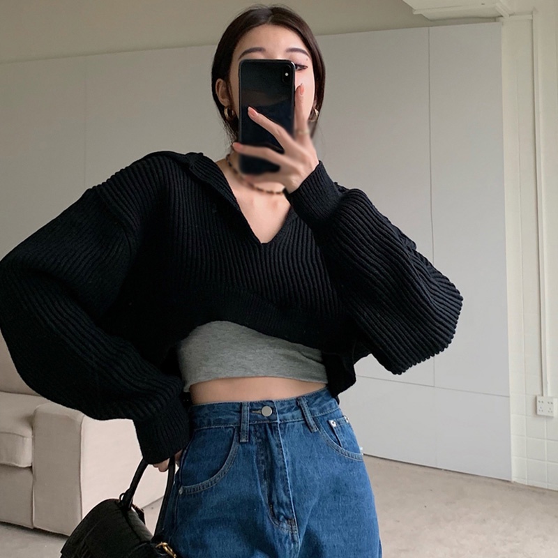 Áo croptop dệt kim tay dài dáng rộng duyên dáng dễ phối đồ cho nữ