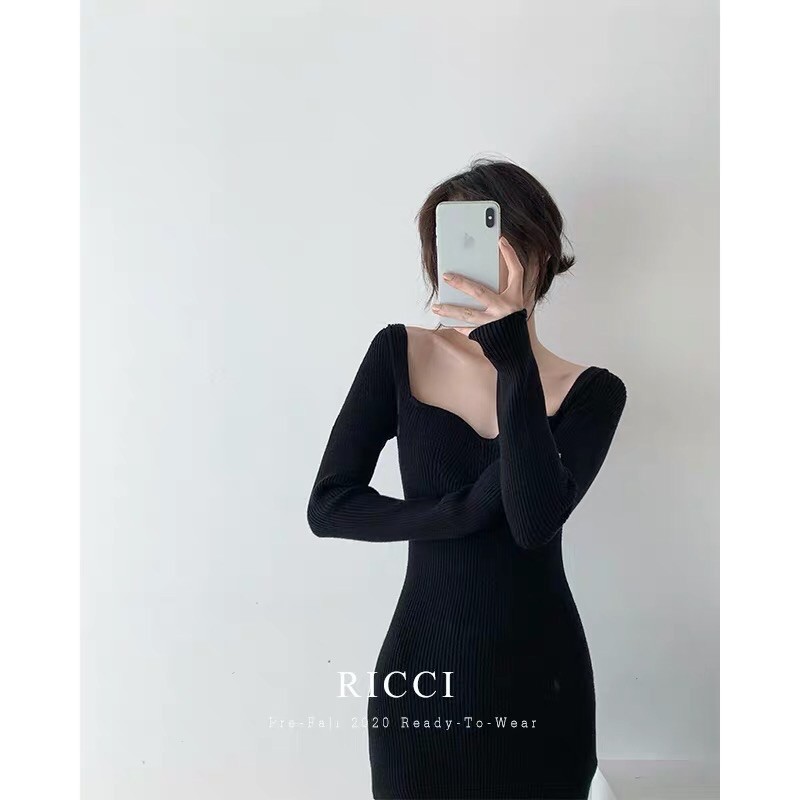 Váy len dệt kim ôm body cổ vuông tay dài xẻ ngực sexy quyến rũ thu đông 2020 💝 🌟