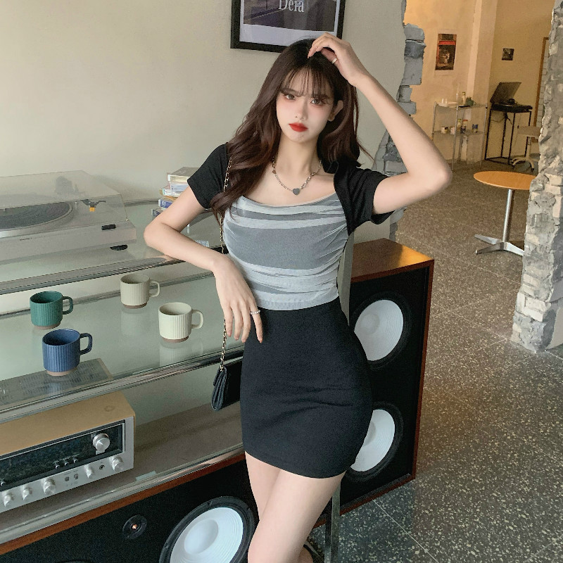 SUXI Đầm tay ngắn phối lưới thiết kế thanh lịch GỢI CẢM cho nữ