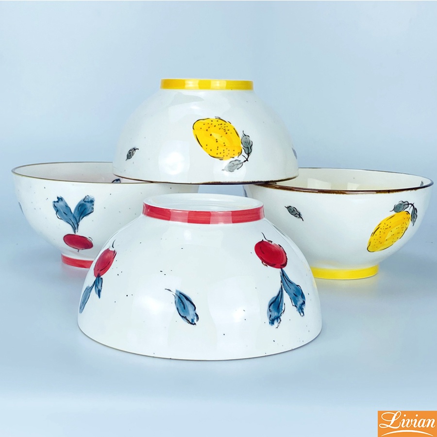 Bát tô ăn mì 🌱 bát canh bằng sứ họa tiết chanh vàng củ cải đỏ vẽ tay cực xinh - 17.8cm