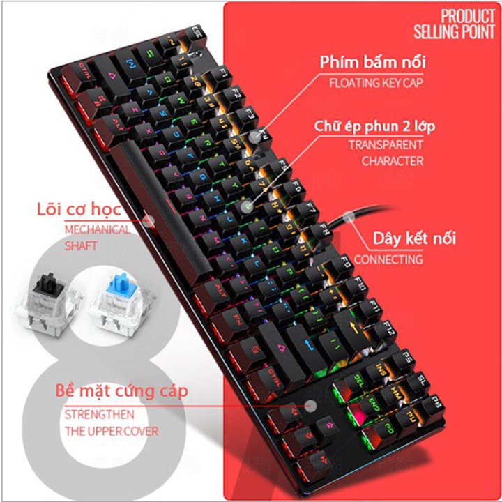 Bàn Phím Cơ Gaming K400 87 Phím Thông Dụng Tích Hợp LED Rainbow 9 Chế Độ- Dành Cho Game Thủ - Streamer