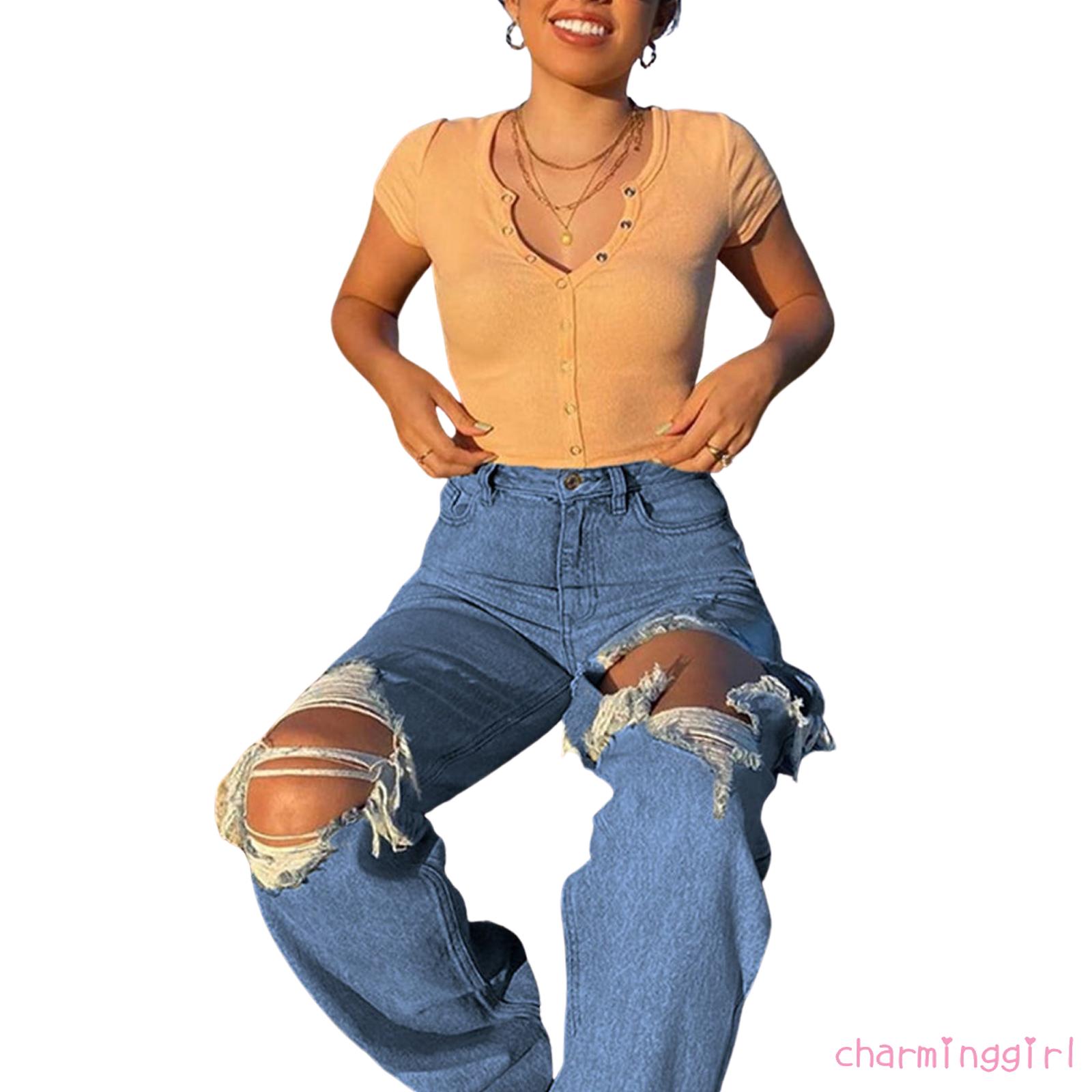 Quần Jeans Dài Lưng Cao Phối Vết Rách Cá Tính Cho Nữ | BigBuy360 - bigbuy360.vn