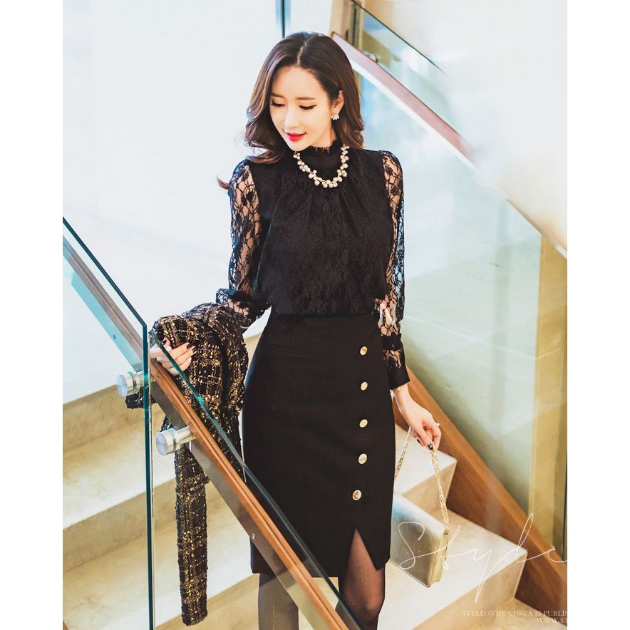 CHÂN VÁY ÔM BÚT CHÌ XẺ LAI PHỐI NÚT | BigBuy360 - bigbuy360.vn