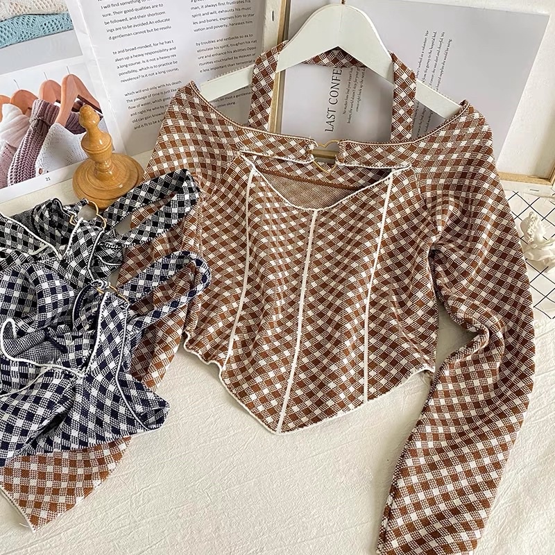 áo len dệt kim hoạ tiết caro kiểu trễ vai mix dây &amp; trái tim sexy (56305#)