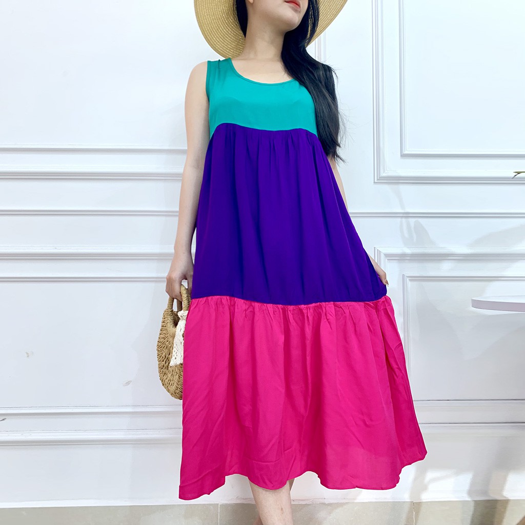 Đầm maxi đi biển phối màu dáng suông - Váy maxi lanh mùa hè [𝑯𝒐𝒕 𝑻𝒓𝒆𝒏𝒅] va023 | BigBuy360 - bigbuy360.vn