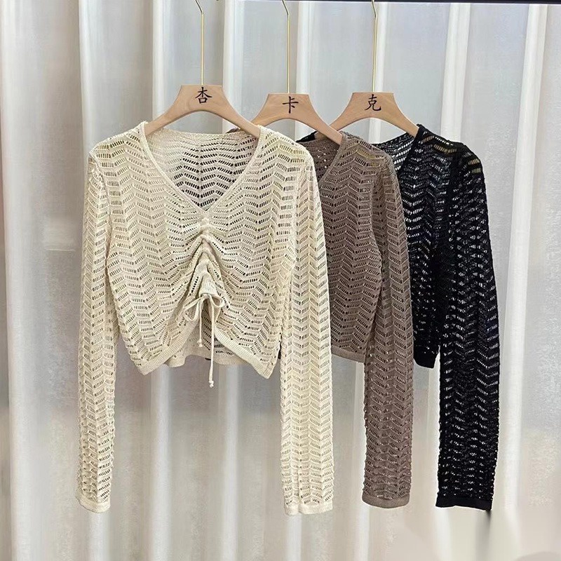 Áo Croptop Dệt Kim Tay Dài Chống Nắng Màu Sắc Trơn Phối Dây Rút Phong Cách Vintage Hàn Quốc Cho Nữ