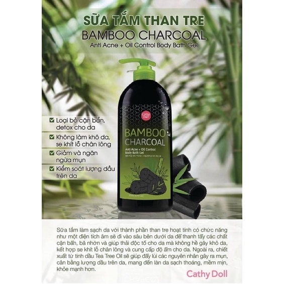 CATHY DOLL Bamboo Charcoal Anti Acne + Oil Control Body Bath Gel 500ML  SỮA TẮM THAN TRE