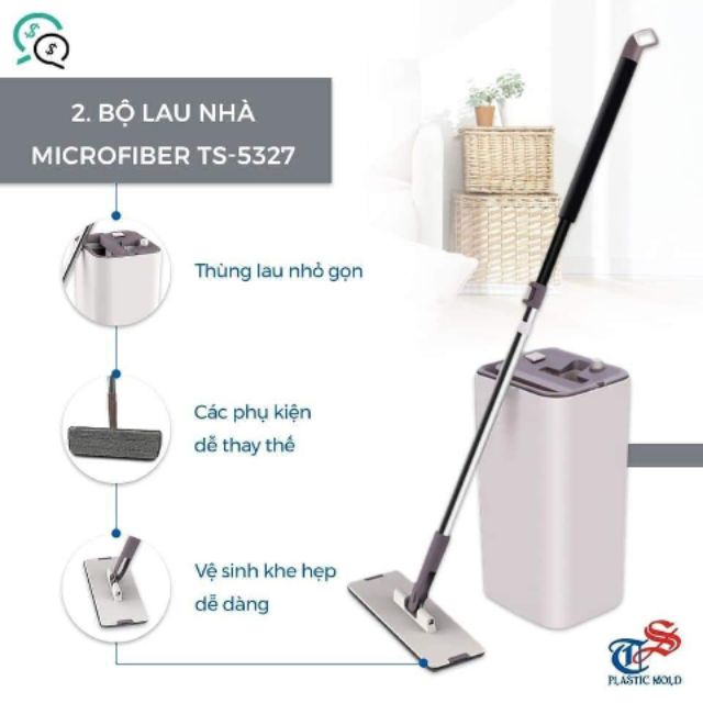 Bộ Lau Nhà Tự Vắt TASHUAN Microfiber TS-5327, Chổi Chữ Nhật