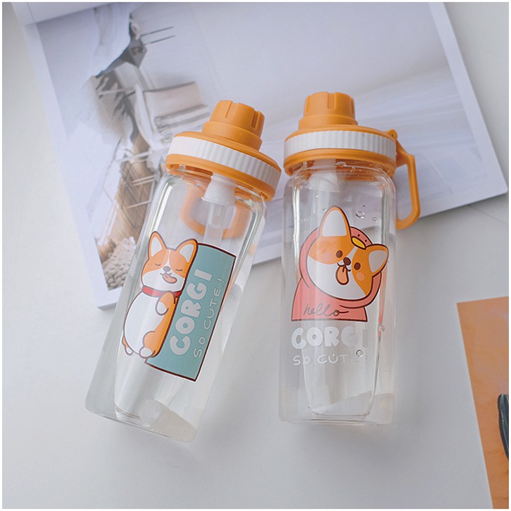 HCM - Bình thủy tinh chó Corgi hoạt hình 500ml có ống hút cho bé