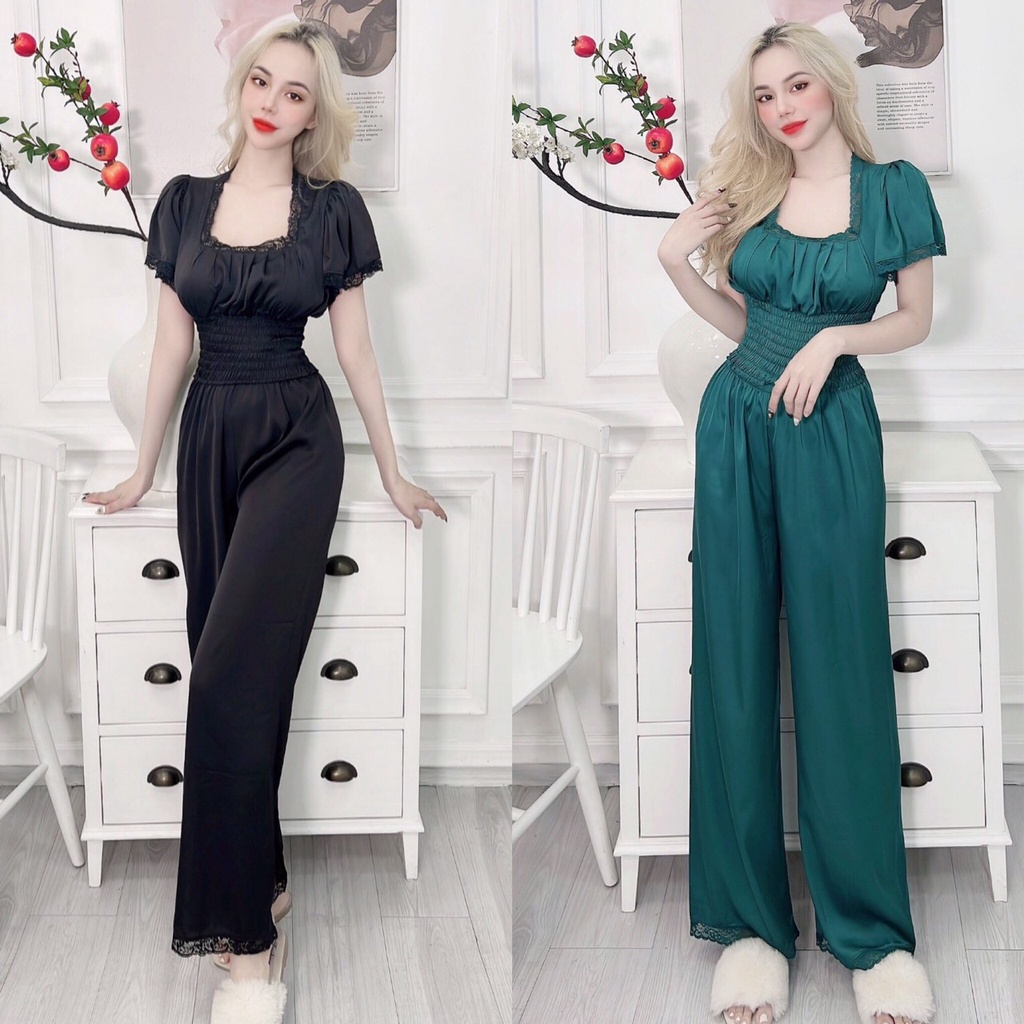 Đồ ngủ nữ, eo được may chỉ chun, tôn dáng, đồ bộ mặc nhà, đồ ngủ lụa satin mềm mịn, thoáng mát, đồ bộ phối ren