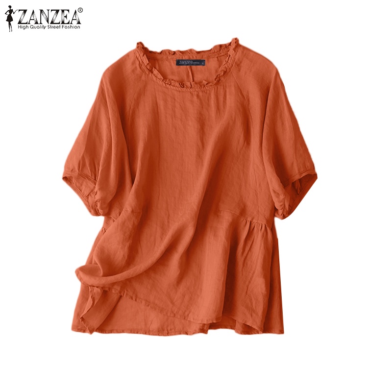 Áo kiểu  ZANZEA cổ tròn tay lửng màu trơn phong cách vintage cho nữ