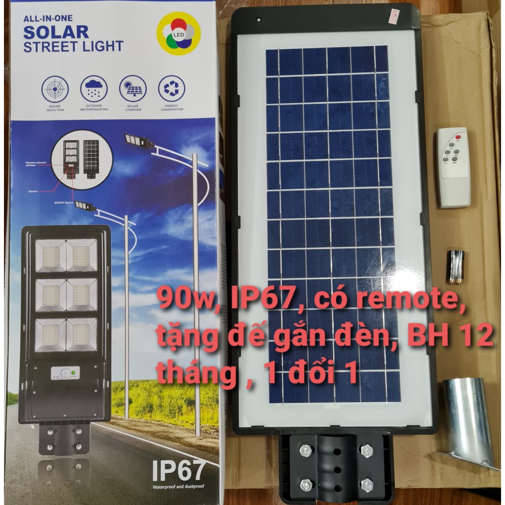 Có remote - Đèn Led năng lượng mặt trời 90w liền thể cảm biến siêu sáng - Tặng đế gắn đèn, bảo hành 12 tháng 1 đổi 1