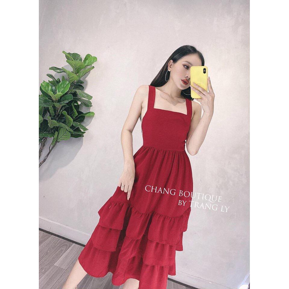 Đầm maxi lụa ý dây chéo lưng chân tầng - có lót thun, mút ngực