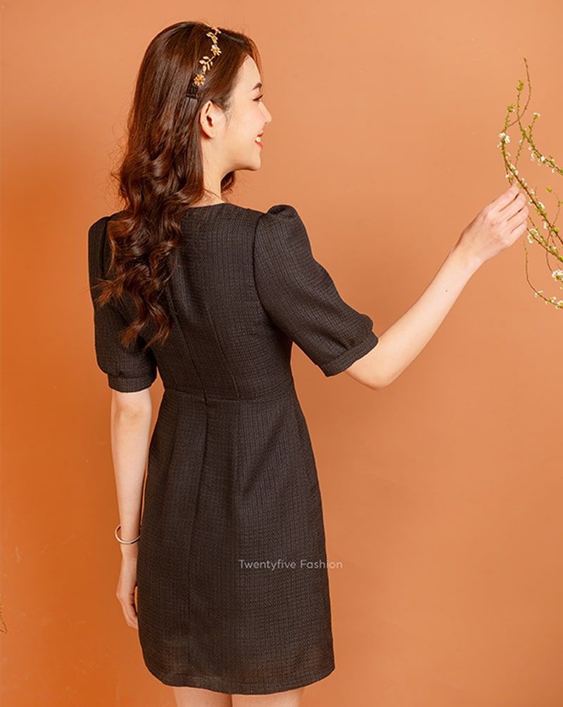 Đầm nữ dạ tweed tay bồng dáng ôm đính nơ trước ngực Twentyfive N2106