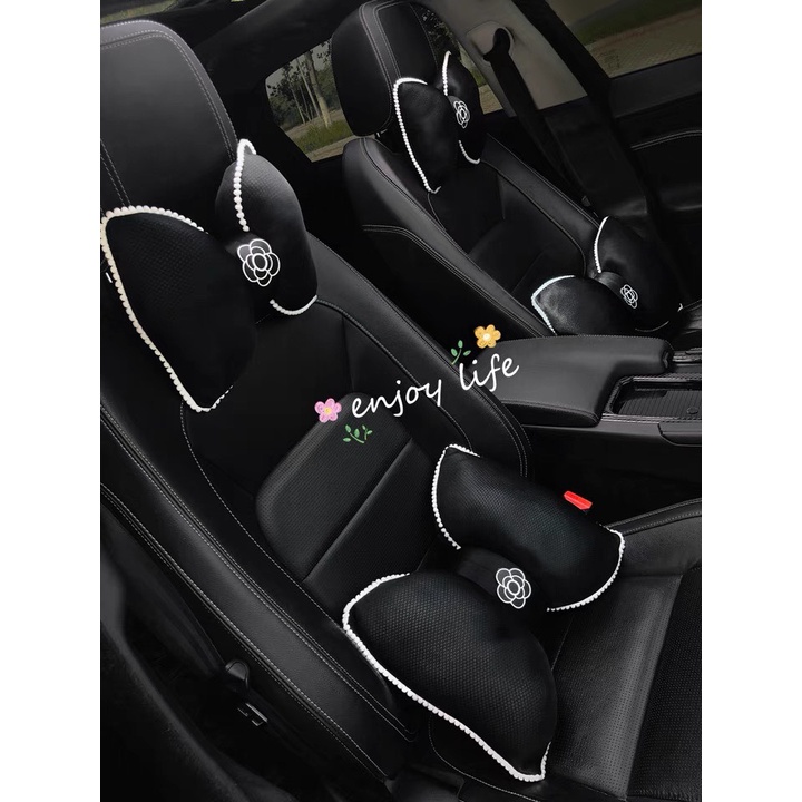 Bộ Gối Tựa Nơ Trên Xe Ô Tô Hình Hoa Trà Cao Cấp - Gối Cổ Tựa Eo Trên Xe Hơi Hoa Trà