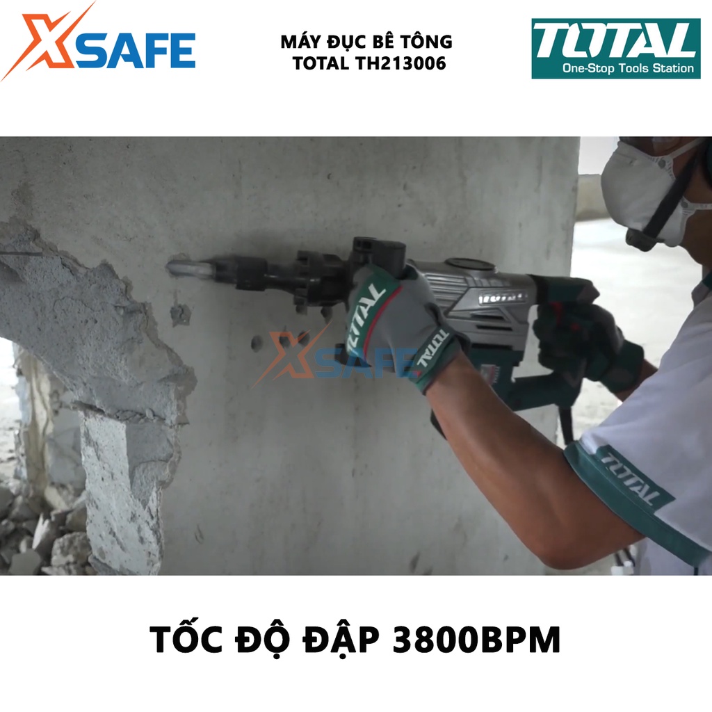 Máy đục bê tông TOTAL TH213006 Máy khoan đục công suất 1300W, tốc độ đập 3800 bpm, lực đập 20J, kèm 2 mũi đục 17mm