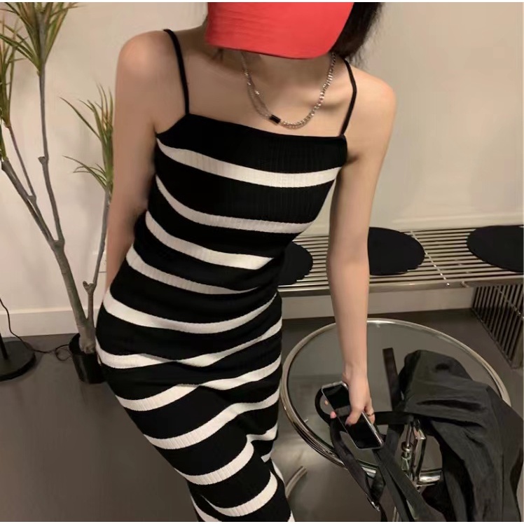 SUXI Đầm Midi Hai Dây Dệt Kim Họa Tiết Kẻ Sọc Trắng Đen Phong Cách Vintage Thời Trang Xuân Hè Dành Cho Nữ