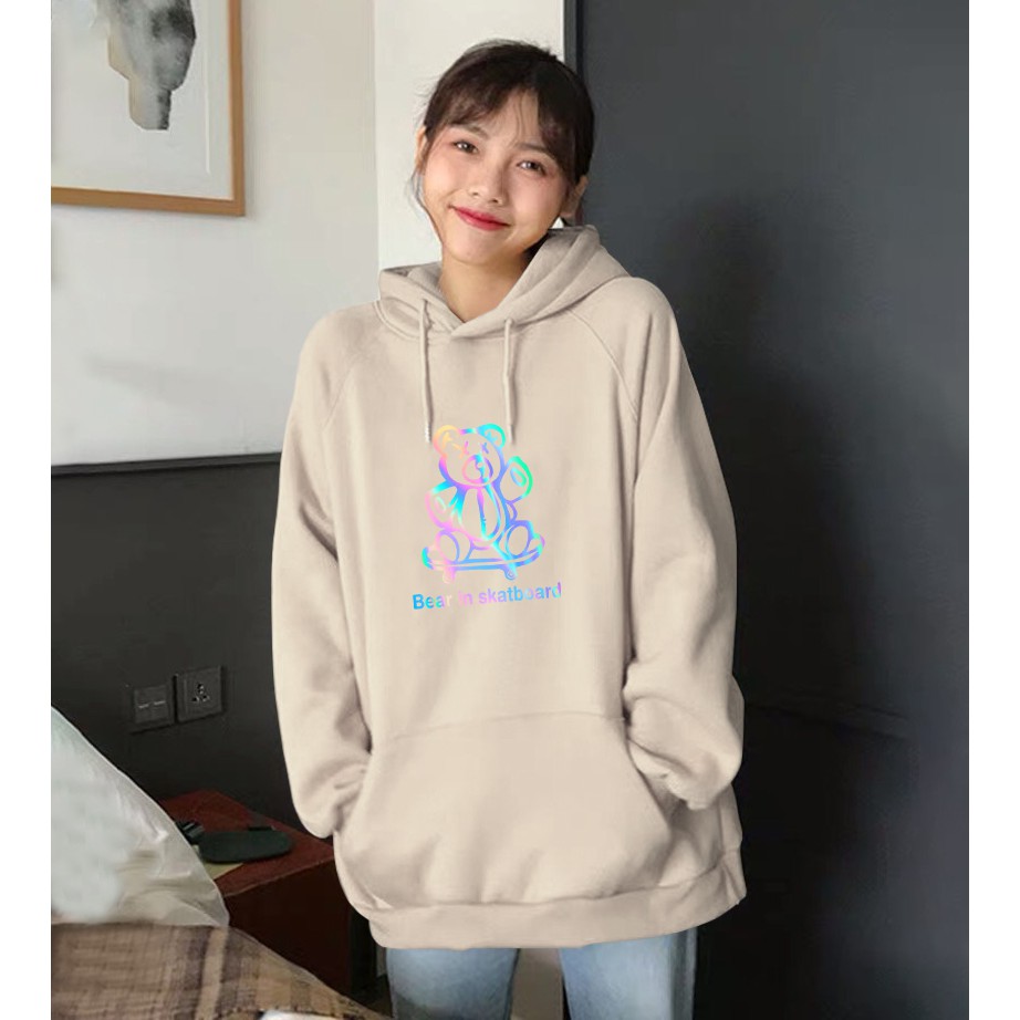 Áo Khoát Nỉ Unisex In Phản Quang Gấu Trượt Ván, Áo Hoodie Có Mũ Không Dây Kéo Cho Cả Nam Và Nữ KN27