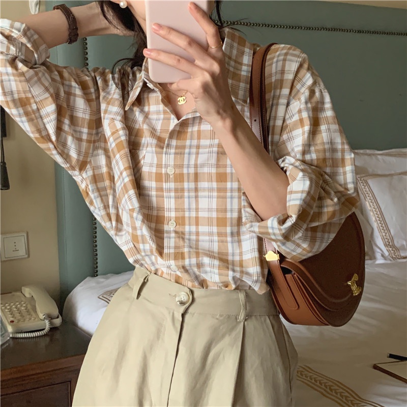 Áo Sơ Mi Tay Dài Dáng Rộng Sọc Ca Rô Thời Trang Retro Hàn Quốc Cho Nữ