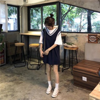 Set đầm suông viền kèm pull trắng