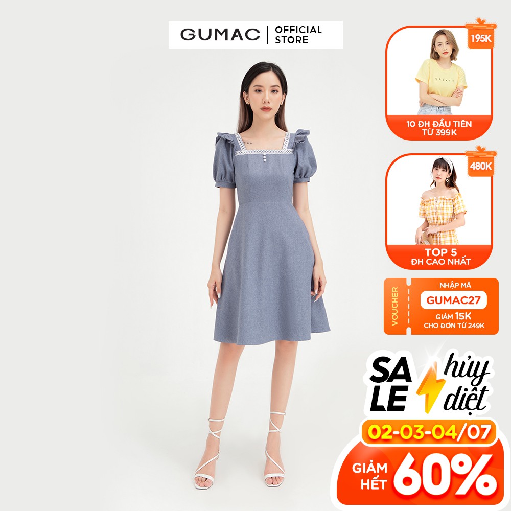 [Mã WABRGU72 giảm 10% tối đa 50k đơn 250k] Đầm chữ A nữ cổ vuông GUMAC phong cách công sở, thanh lịch màu xanh DB439