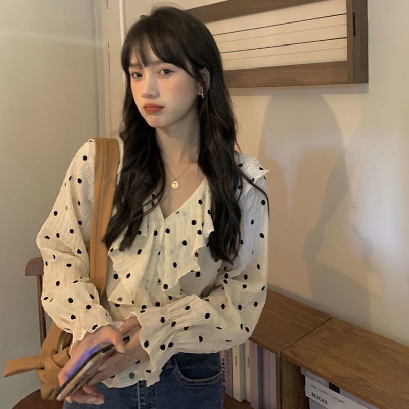 Áo Sơ Mi Cổ Chữ V Tay Dài Dáng Rộng Họa Tiết Chấm Bi Phong Cách Pháp 2022 Thời Trang Cho Nữ