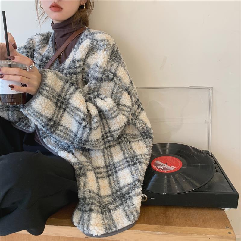♂♧✆Áo khoác len lông cừu phối nhung dày dáng rộng kẻ sọc kiểu Hàn Quốc thời trang 2021 cho nữ