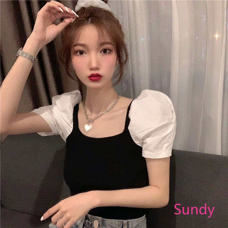 Áo Dệt Kim Cổ Vuông Tay Phồng Thời Trang Mùa Hè Dễ Thương Cho Nữ