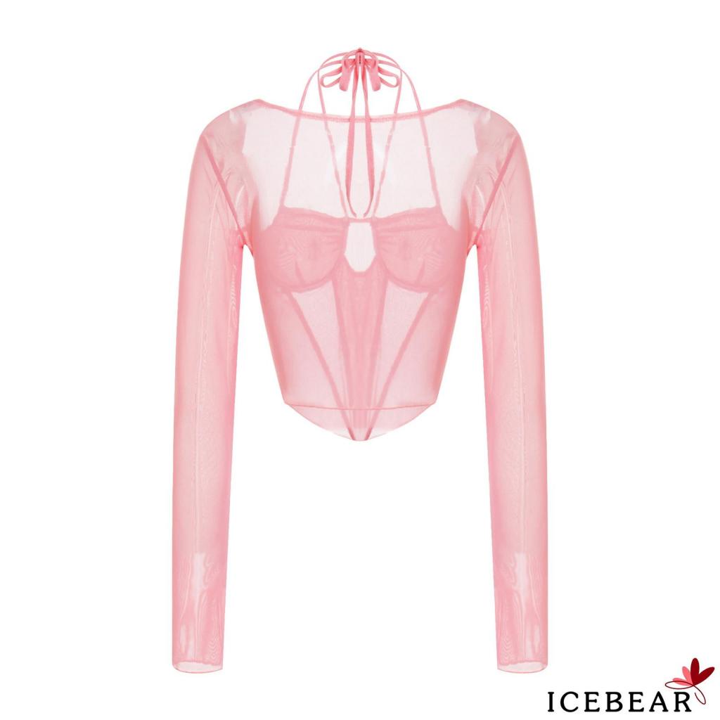 Áo Croptop Tay Dài Phối Lưới Nhiều Dây Cổ Khoét Sâu Màu Sắc Thời Trang Cho Nữ