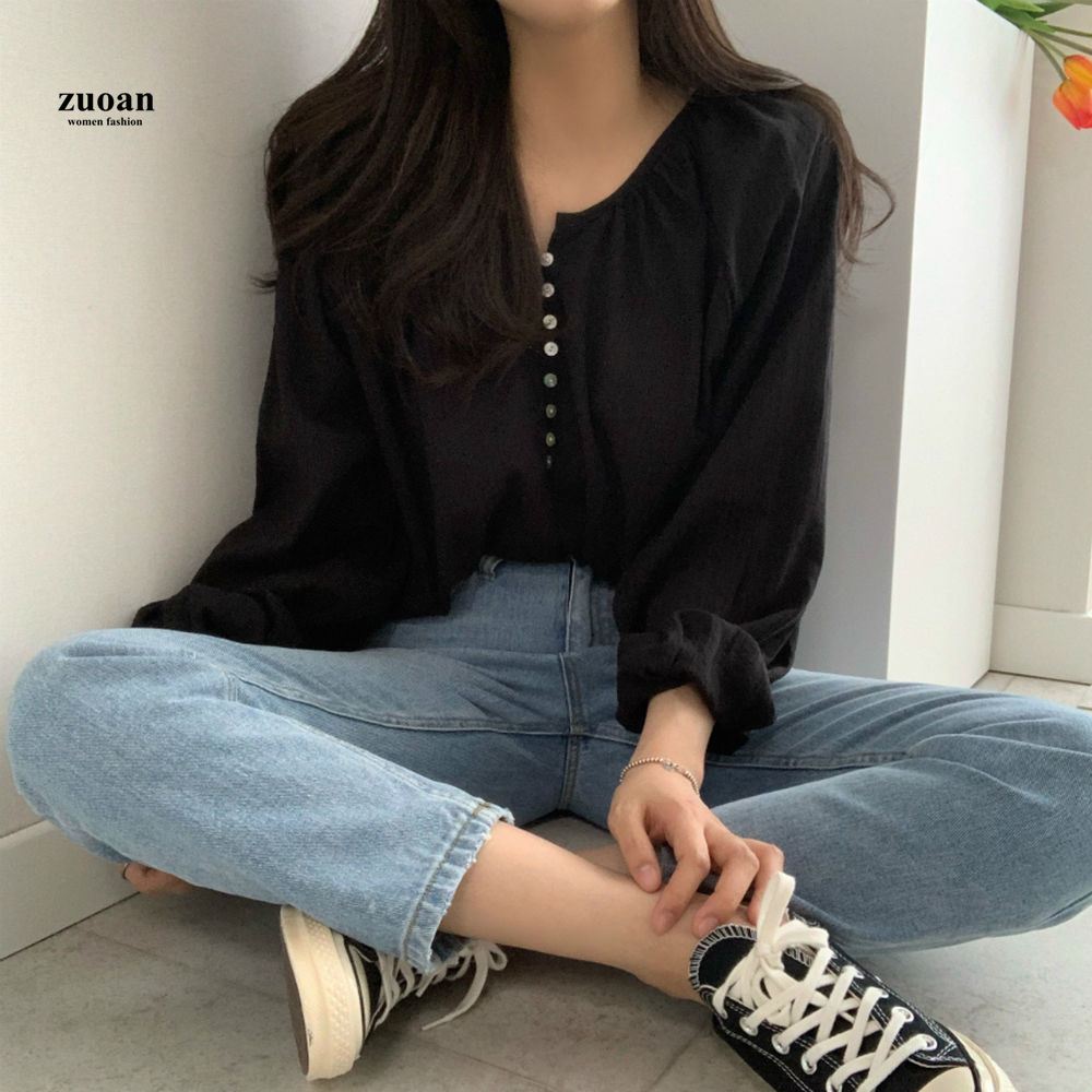 SUXI Áo sơ mi nữ tay dài kiểu dáng tay dài theo phong cách thời trang Hàn Quốc