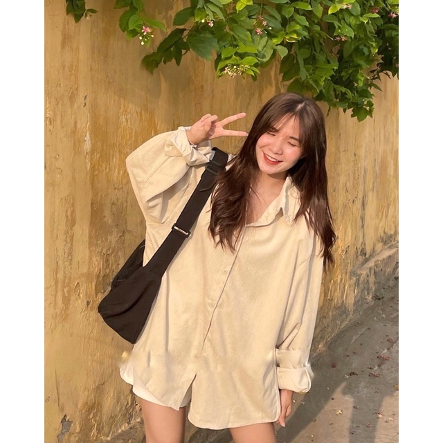 Sét Áo Sơ Mi Nhung Tăm Form Rộng Tay Phồng Ulzzang Hàn Quốc