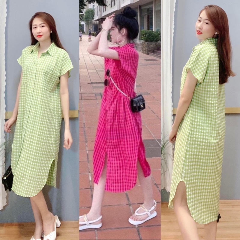ĐẦM BIGSIZE 60-90kg ĐẦM SUÔNG CARO CỔ SƠ MI FORM DÀI QUA GỐI