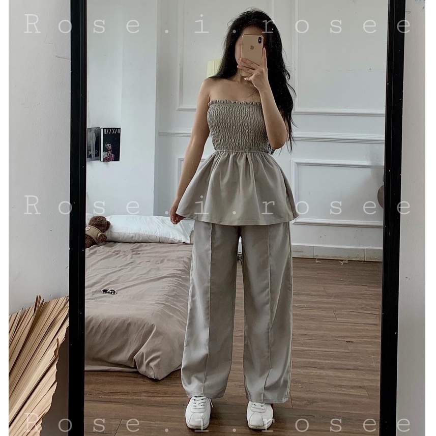 Set xám áo chun ngực kèm quần dài lưng chun