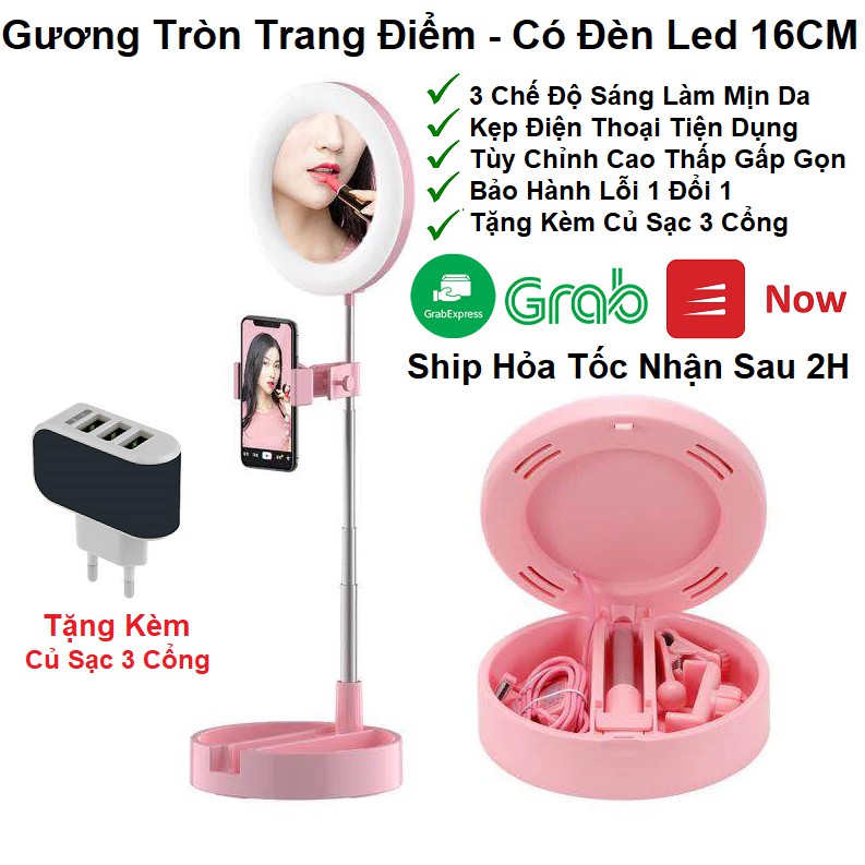 Gương Để Bàn Trang Điểm Có Đèn Led Trợ Sáng Cực Đẹp - Gương Soi Đèn Led Cao Cấp - Tăng Giảm Chiều Cao - Tặng Củ Sạc 3usb