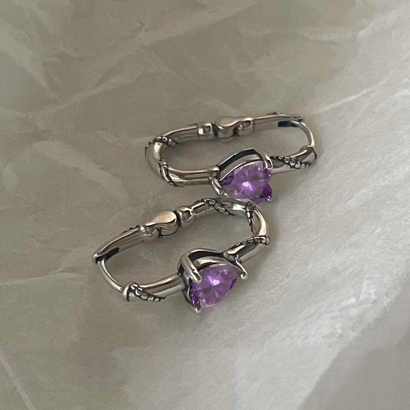 Khuyên Tai Bạc Dạng Vòng Xoắn Đính Đá Zircon Hình Trái Tim Màu Tím Chống Dị Ứng Thời Trang Cho Nữ