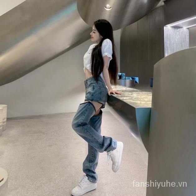 Quần jean dài lưng cao ống rộng có thể tháo rời thiết kế mới thời trang sành điệu cá tính cho nữ | BigBuy360 - bigbuy360.vn
