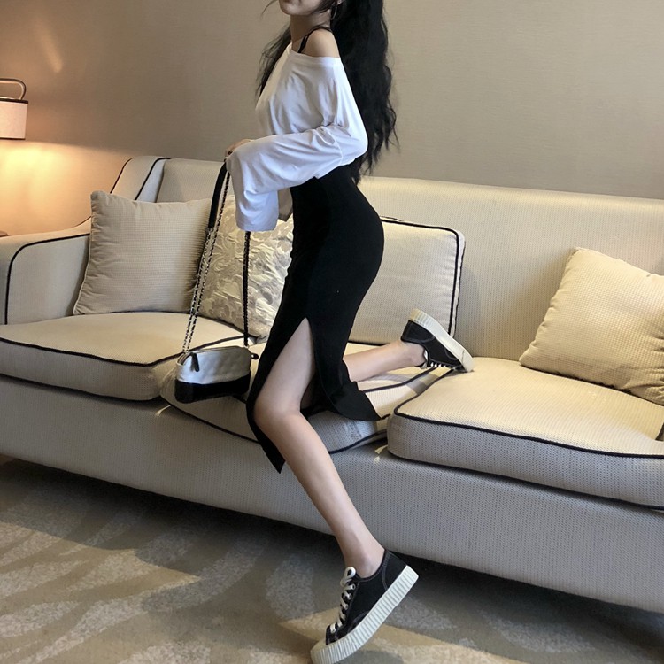 Xiaozhainv Áo thun màu trơn tay dài/ chân váy lưng cao xẻ tà kiểu dáng gợi cảm cho nữ | BigBuy360 - bigbuy360.vn