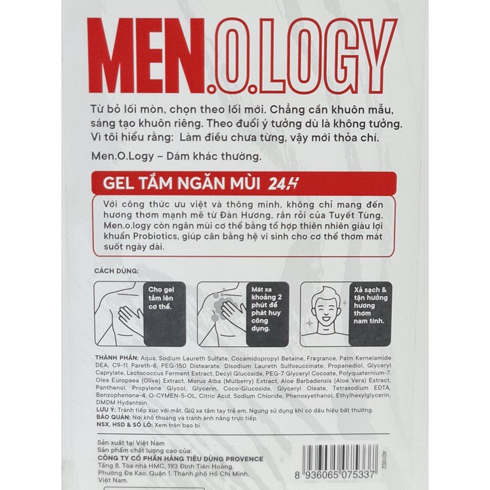 Sữa Tắm Dạng Gel Cho Nam Ngăn Mùi 24h MEN.O.LOGY 630ml