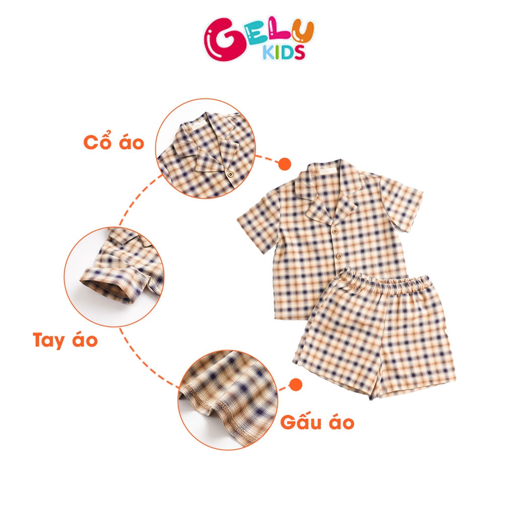 Quần áo bé trai, set bộ sơ mi GELU KIDS ngắn tay kẻ caro phong cách Hàn Quốc - SBU004