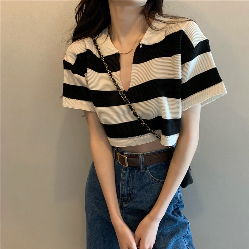 ÁO CROPTOP LEN TAY NGẮN CỔ CHỮ V DÁNG RỘNG SỌC NGANG